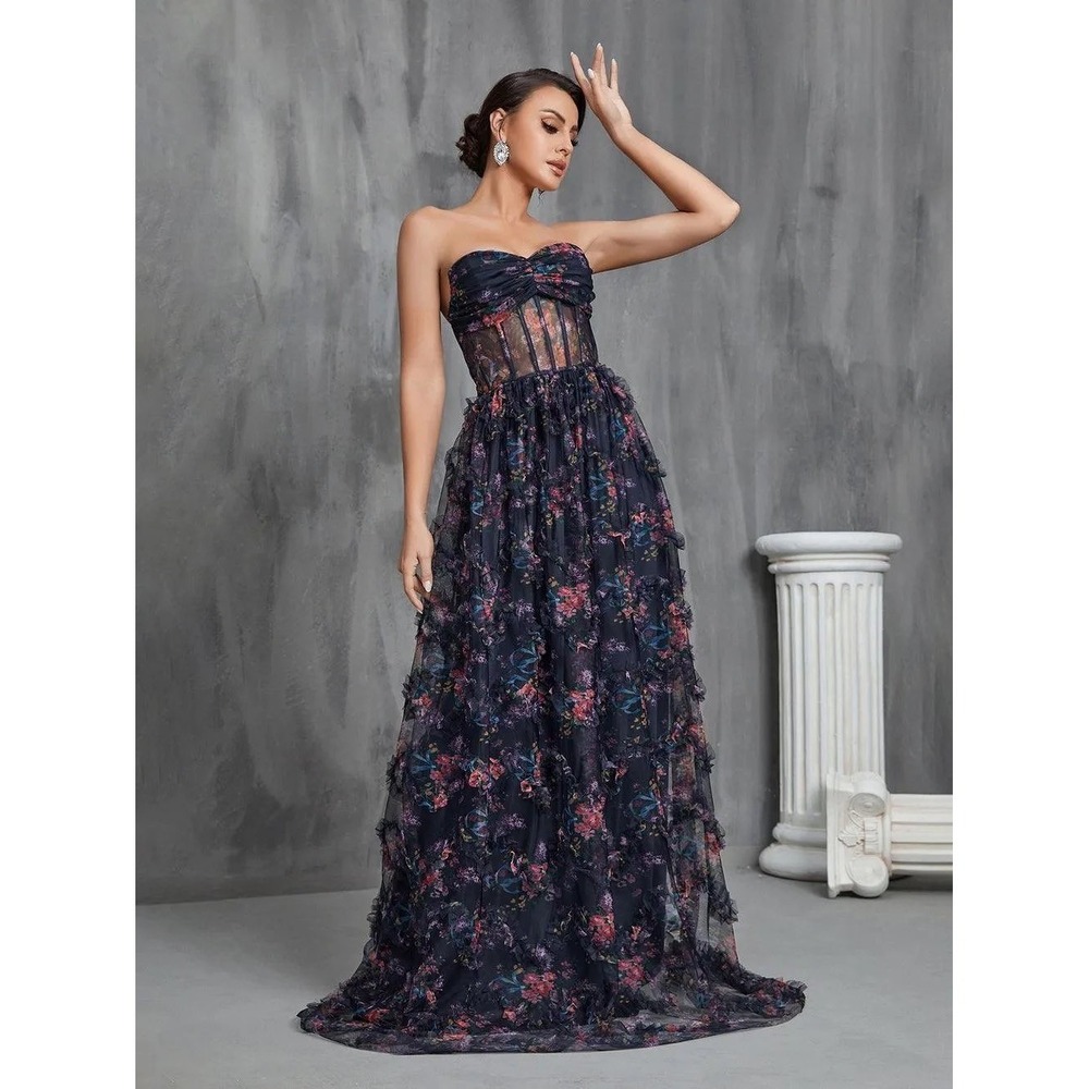 Dressalisa Maxi‎ Gown Womens S Navy Gently Used Floral Corset Tiered Ruffle Mesh - Picture 9 of 16